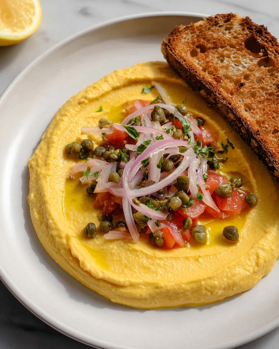 A white plate holds a smooth, creamy yellow hummus spread forming a thick, even base layer. On top of the hummus, in the center, is a small pile of thin, pale purple onion slices scattered with small green capers and bright red diced tomatoes, adding color and texture contrast. To the right side of the plate, a toasted brown slice of bread partially dips into the hummus, showing its rough, crunchy texture. The plate is set on a white marbled surface with a small, bright yellow lemon wedge partially visible at the top edge of the image. Photo taken with an iphone --ar 4:5 --v 7