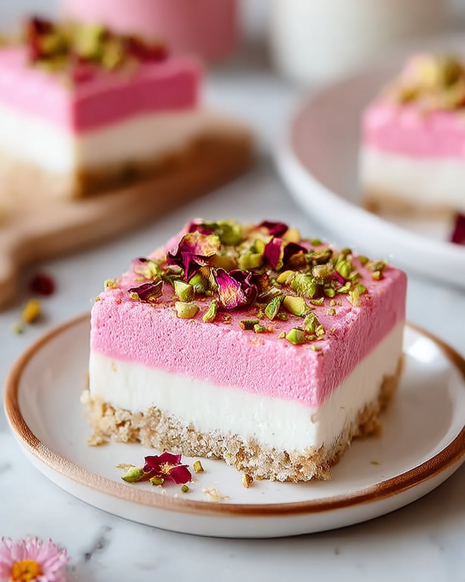 A square dessert piece with three distinct layers is placed on a white plate with a subtle brown rim. The bottom layer is a crumbly, light brown crust. The middle layer is smooth and creamy white, while the top layer is a vibrant pink mousse-like texture. Crushed green pistachios and dried red rose petals are sprinkled on top, adding color contrast and texture. The plate rests on a white marbled surface, and in the background, other pieces of the dessert can be seen out of focus. photo taken with an iphone --ar 4:5 --v 7