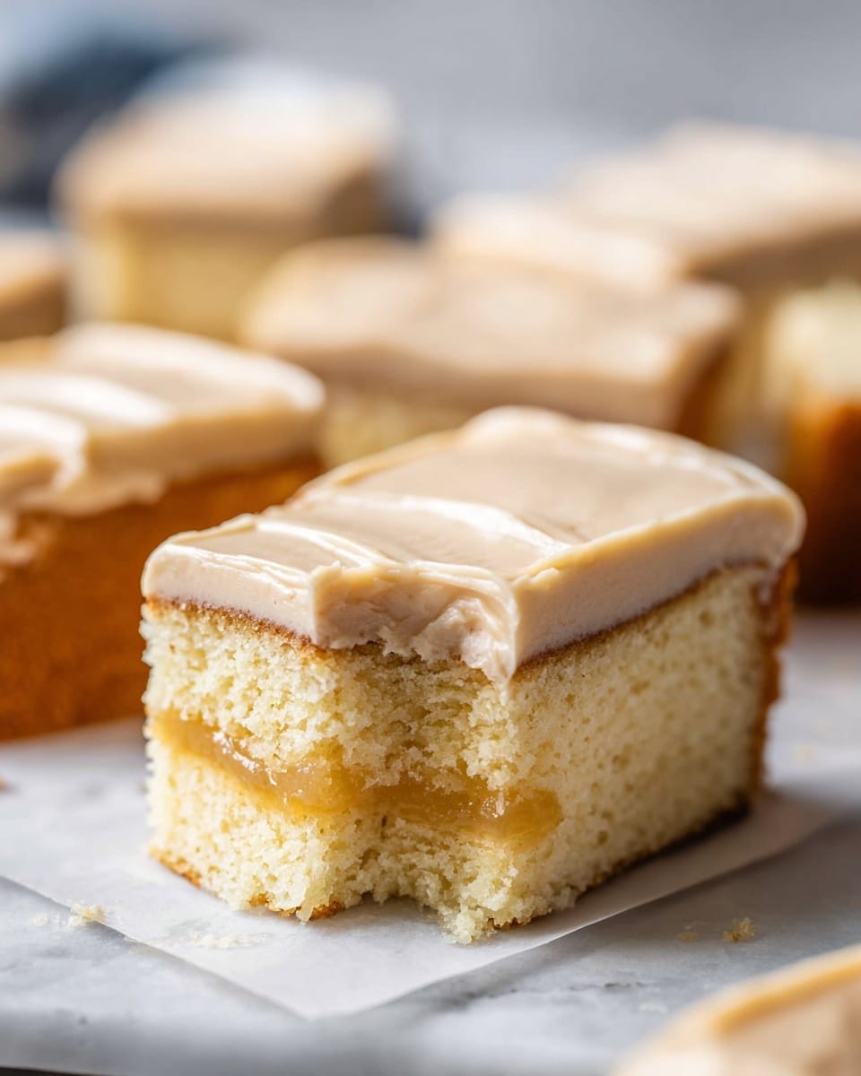 The image shows a close-up of rectangular krimpets with two visible layers. The bottom layer is a light golden, soft-looking sponge cake with a crumbly texture. The top layer is a smooth, creamy butterscotch-colored frosting that slightly drips over the edges, forming soft ridges. The krimpets are placed on a white marbled surface with a small corner of a white cloth that has blue and yellow patterns visible at the bottom right. Photo taken with an iphone --ar 4:5 --v 7