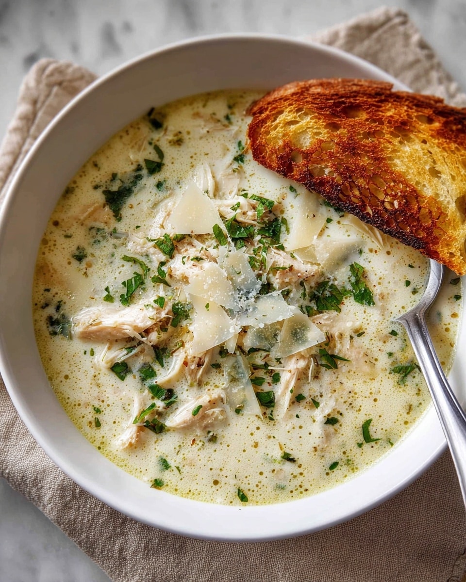 A white bowl filled with creamy chicken soup with a pale yellow and slightly frothy texture. Inside the soup are chunks of shredded white chicken, finely chopped green herbs scattered on top, and thin shavings of pale cheese sprinkled over, adding texture contrast. One large curved piece of toasted bread with a golden-brown and crispy surface rests on the edge of the bowl. A silver spoon is partially immersed in the soup on the right side of the bowl. The bowl sits on a beige cloth on a white marbled surface. Photo taken with an iphone --ar 4:5 --v 7
