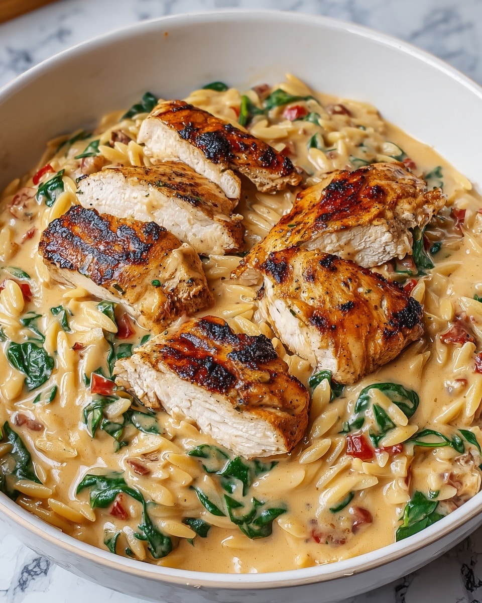 A white bowl filled with creamy, beige orzo pasta as the base layer, mixed with wilted green spinach leaves and small bits of red tomatoes scattered throughout. On top, there are several pieces of grilled chicken breast with a golden brown, slightly charred crust, showing moist white inside. The sauce covering the pasta and chicken is smooth and thick, with a light tan color, blending the ingredients together. The bowl sits on a white marbled surface. Photo taken with an iphone --ar 4:5 --v 7