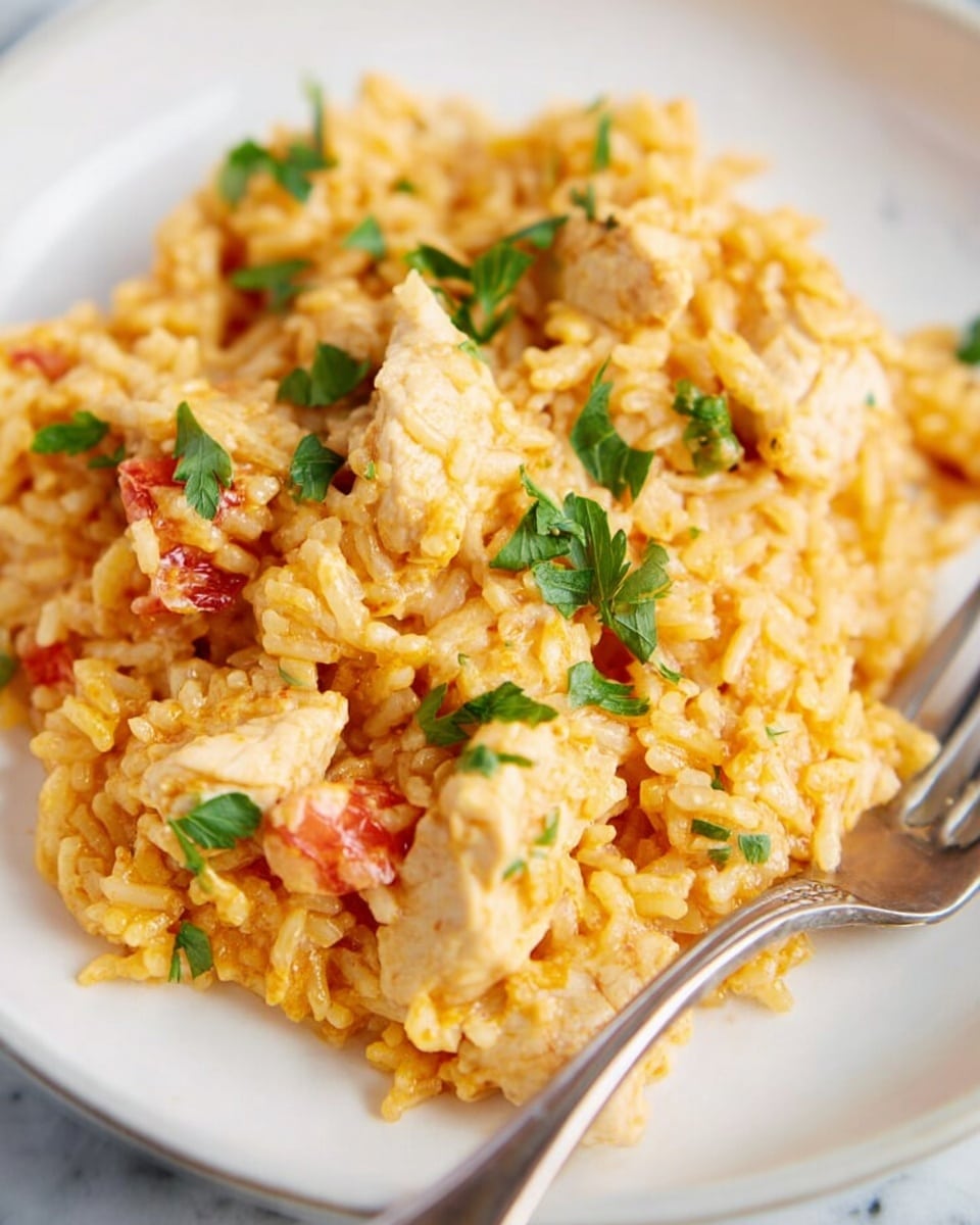 A close-up view of a white plate filled with creamy yellow-orange rice mixed with chunks of tender, light brown chicken and small pieces of red ingredients, possibly tomatoes or peppers. The rice looks soft and slightly sticky, layered evenly with the chicken and garnished with small green parsley leaves scattered on top, adding a fresh pop of color. A silver fork rests on the plate near the food, with a white marbled textured surface below. photo taken with an iphone --ar 4:5 --v 7