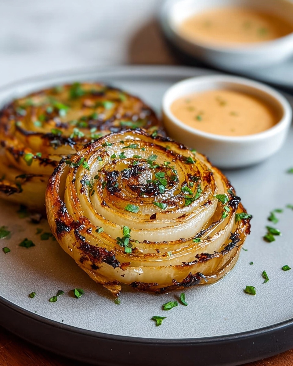 The image shows three thick slices of grilled onion stacked slightly on a white plate with a matte finish. Each onion slice is round with golden-brown charred grill marks, and the layers inside the onions are visible with a mix of translucent white and browned edges. Small chopped green herbs are sprinkled evenly across the onion slices, adding a fresh contrast. Next to the onions on the plate is a small white bowl filled with a creamy light orange dipping sauce. The plate is placed on a white marbled surface, and in the blurry background, there is another small white bowl with the same dipping sauce. photo taken with an iphone --ar 4:5 --v 7