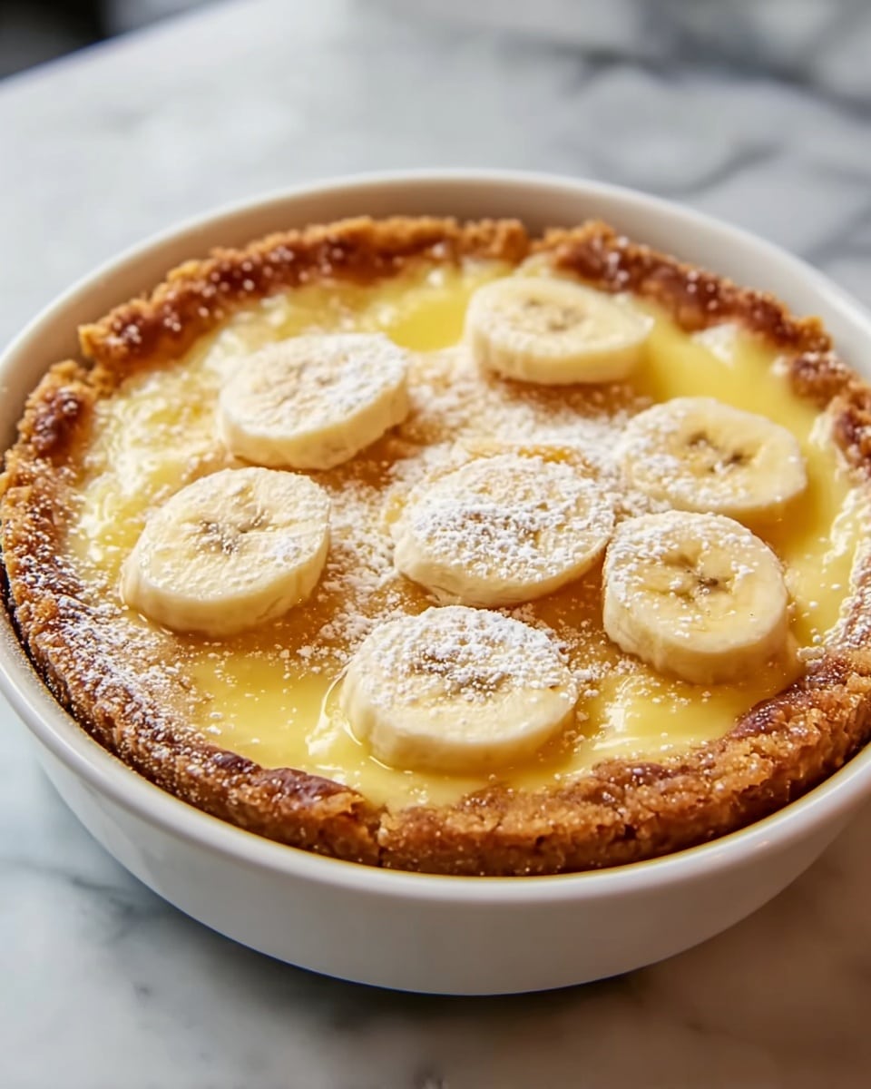 A round dessert in a white bowl with a crumbly, golden-brown crust forming the base and edges. On top of the crust is a thick, smooth yellow filling with a shiny surface. Slices of fresh banana are placed on the filling, scattered evenly around the surface. The middle is lightly dusted with white powdered sugar, giving a soft texture contrast. The bowl sits on a white marbled surface. photo taken with an iphone --ar 4:5 --v 7