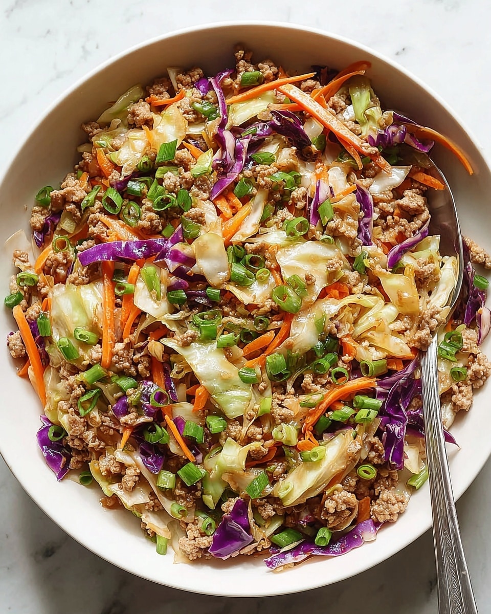 In a deep white bowl, there is a colorful stir-fry made of several layers: the base is cooked ground meat with a crumbly texture and light brown color, mixed evenly with thin strips of both purple cabbage and orange carrot sticks. Interspersed throughout the dish are soft, cooked pale green cabbage pieces adding volume. On top, chopped bright green scallions are scattered for color contrast and freshness. A silver spoon rests on the right side inside the bowl, slightly submerged in the mixture. The bowl sits on a white marbled surface. photo taken with an iphone --ar 4:5 --v 7