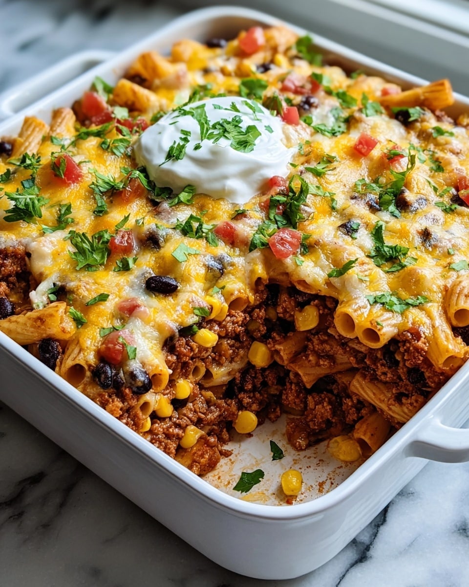A white rectangular dish filled with a layered pasta bake. The bottom layer has cooked rigatoni pasta mixed with ground meat and black beans, with small pieces of tomato and corn scattered throughout. On top of this is a layer of melted yellow and white cheese that is slightly gooey. The dish is garnished with chopped green herbs and a small dollop of white sour cream on one side. The dish sits on a white marbled surface near a window. Photo taken with an iphone --ar 4:5 --v 7