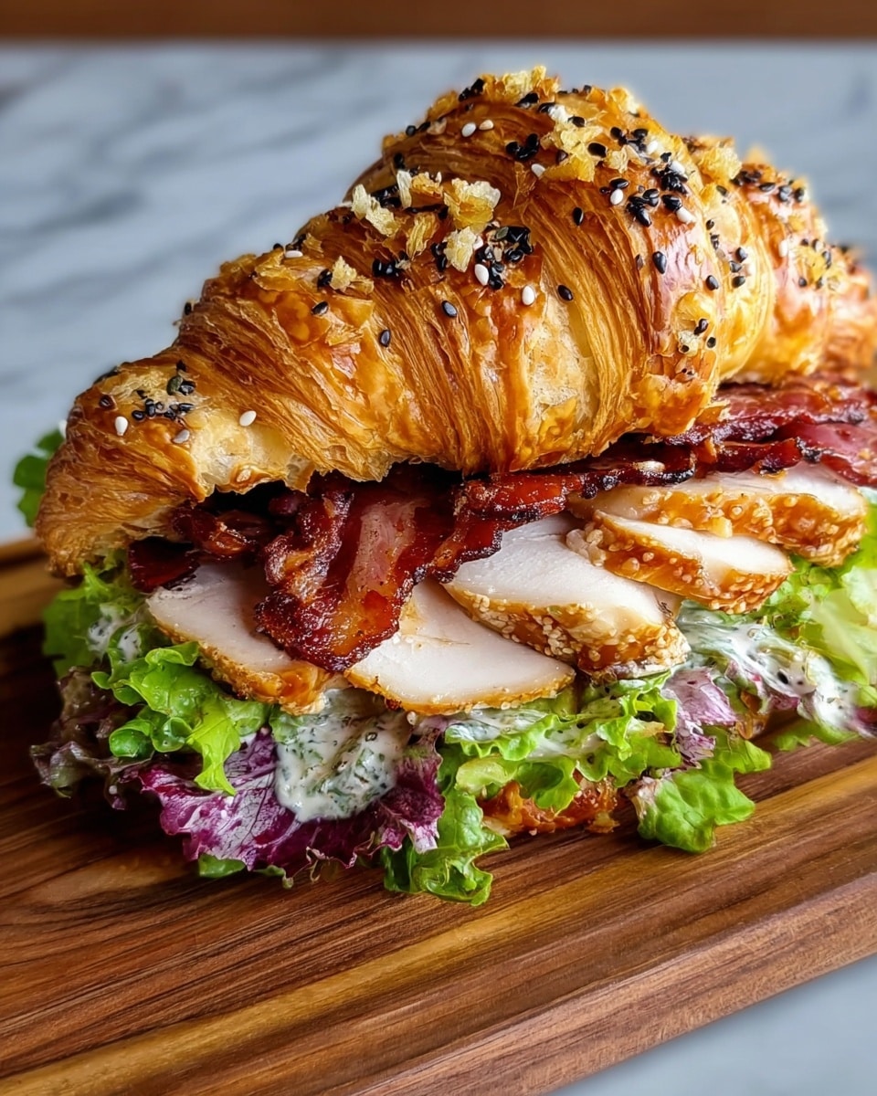 A sandwich made with a golden brown croissant topped with white and black sesame seeds and small bits of seasoning. Inside, there are three layers: the bottom layer has fresh green and purple lettuce mixed with a white creamy dressing, the middle layer features thick slices of grilled chicken with a slightly crispy edge and seasoned surface, and the top layer includes crispy, dark red bacon strips. The sandwich sits on a wooden board with a white marbled background. photo taken with an iphone --ar 4:5 --v 7