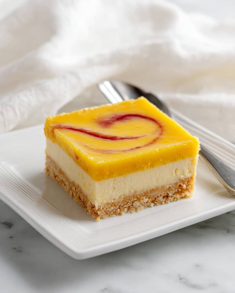 A square dessert bar sits on a white square plate with shallow ridges near the edges. The dessert has two visible layers: a thin, light beige crumbly base at the bottom, and a thick, smooth, bright yellow top layer. There is a subtle swirl of reddish syrup on the yellow layer, creating a thin curved pattern. A silver fork rests on the plate behind the dessert, angled diagonally. The setting is a white marbled surface with a soft, out-of-focus white cloth in the background. photo taken with an iphone --ar 4:5 --v 7