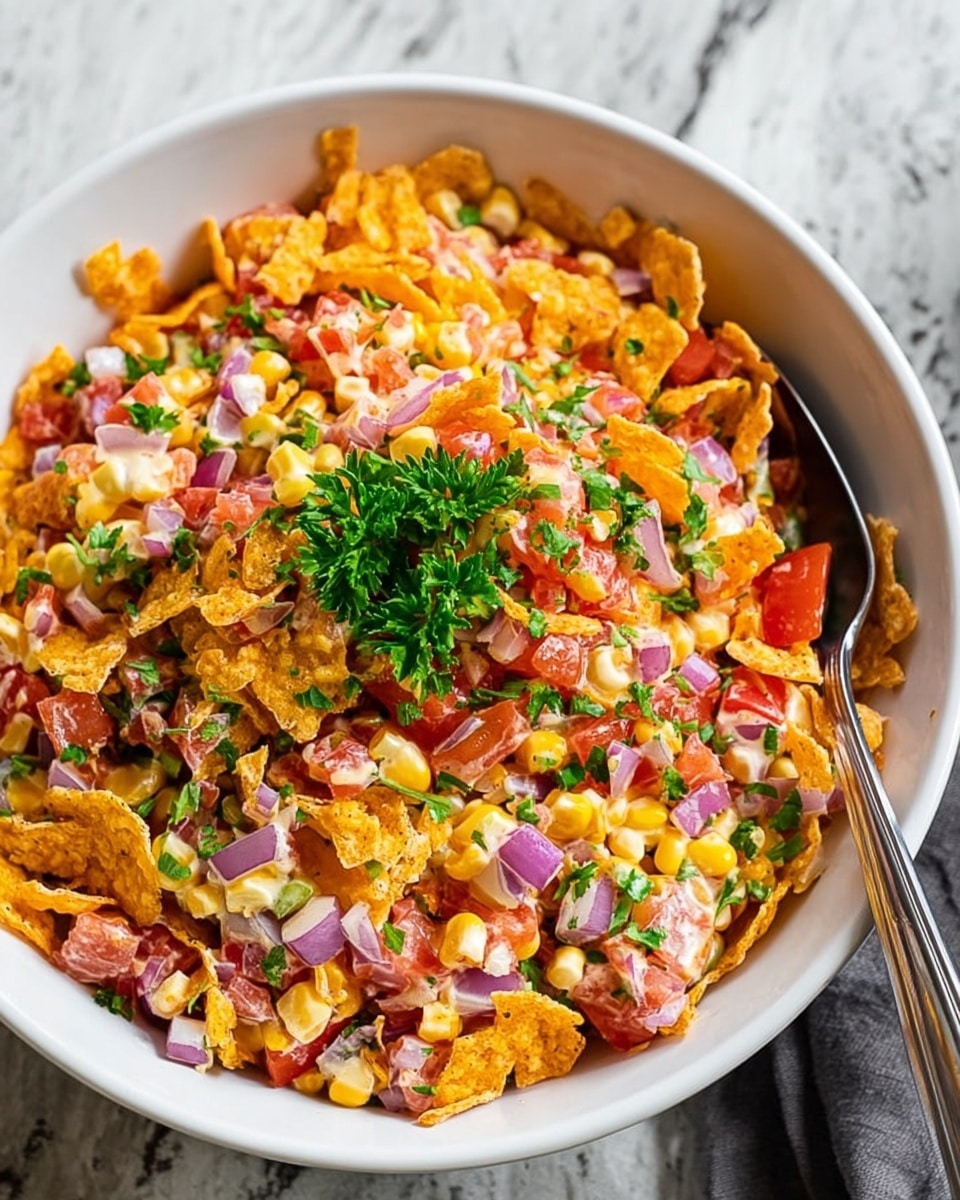 The image shows a white bowl filled with a colorful mixed salad. The salad has several layers, starting with a base of crushed yellow cornflakes that add texture and crunch. On top of the cornflakes are small, finely chopped pieces of pink ham and light orange shredded cheese, mixed evenly throughout. There are also finely chopped bits of red bell pepper and possibly a few green herbs sprinkled on top for color contrast, creating a visually interesting mix. A metal spoon rests inside the bowl on the right side. The bowl is placed on a white marbled surface with a white cloth partially visible on the right side. Next to the bowl, on the left side, there is a cut red bell pepper and some sprigs of green parsley. Photo taken with an iphone --ar 4:5 --v 7