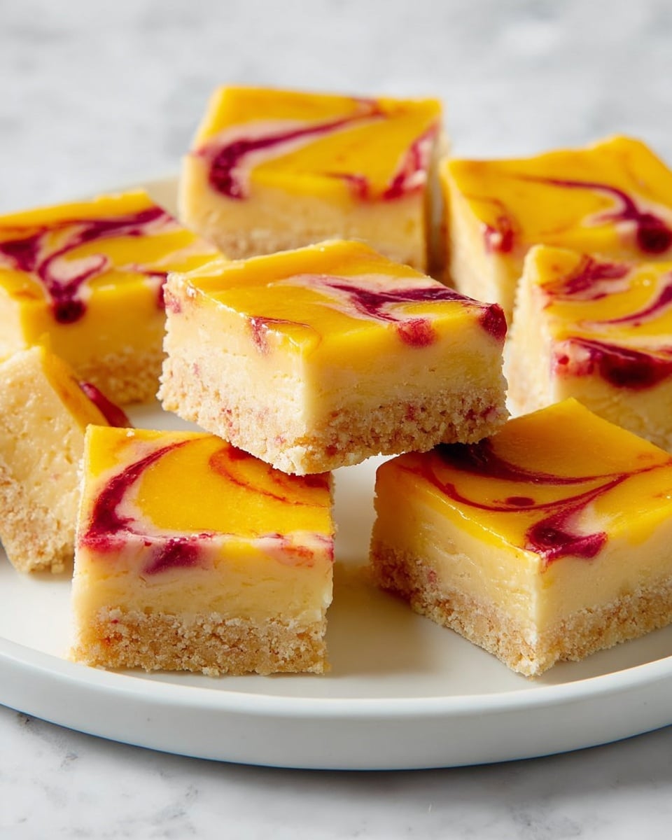 A white plate holds several square dessert bars with two distinct layers: the bottom layer is a pale beige, crumbly crust, and the top layer is a smooth, bright yellow filling with glossy red swirls artistically spread throughout. Each bar is cut into neat, even squares, showcasing the contrast between the soft, creamy top and the firm base. The white marbled surface beneath the plate adds a clean and fresh look to the image. photo taken with an iphone --ar 4:5 --v 7