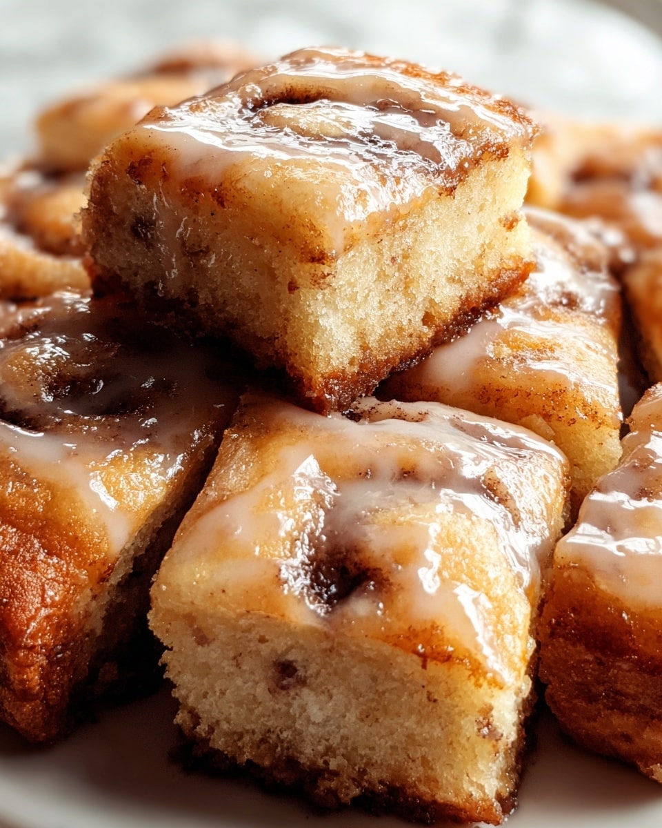 A close-up image of small, square pieces of cinnamon roll cake with a shiny glaze on top, each piece showing a light golden brown color with a slightly darker browned crust at the bottom, and swirled cinnamon sugar visible inside the soft, moist cake layers. The pieces are stacked closely together on a white plate placed on a white marbled surface, highlighting the gooey and sweet texture of the glaze and the tender crumb of the cake. Photo taken with an iphone --ar 4:5 --v 7