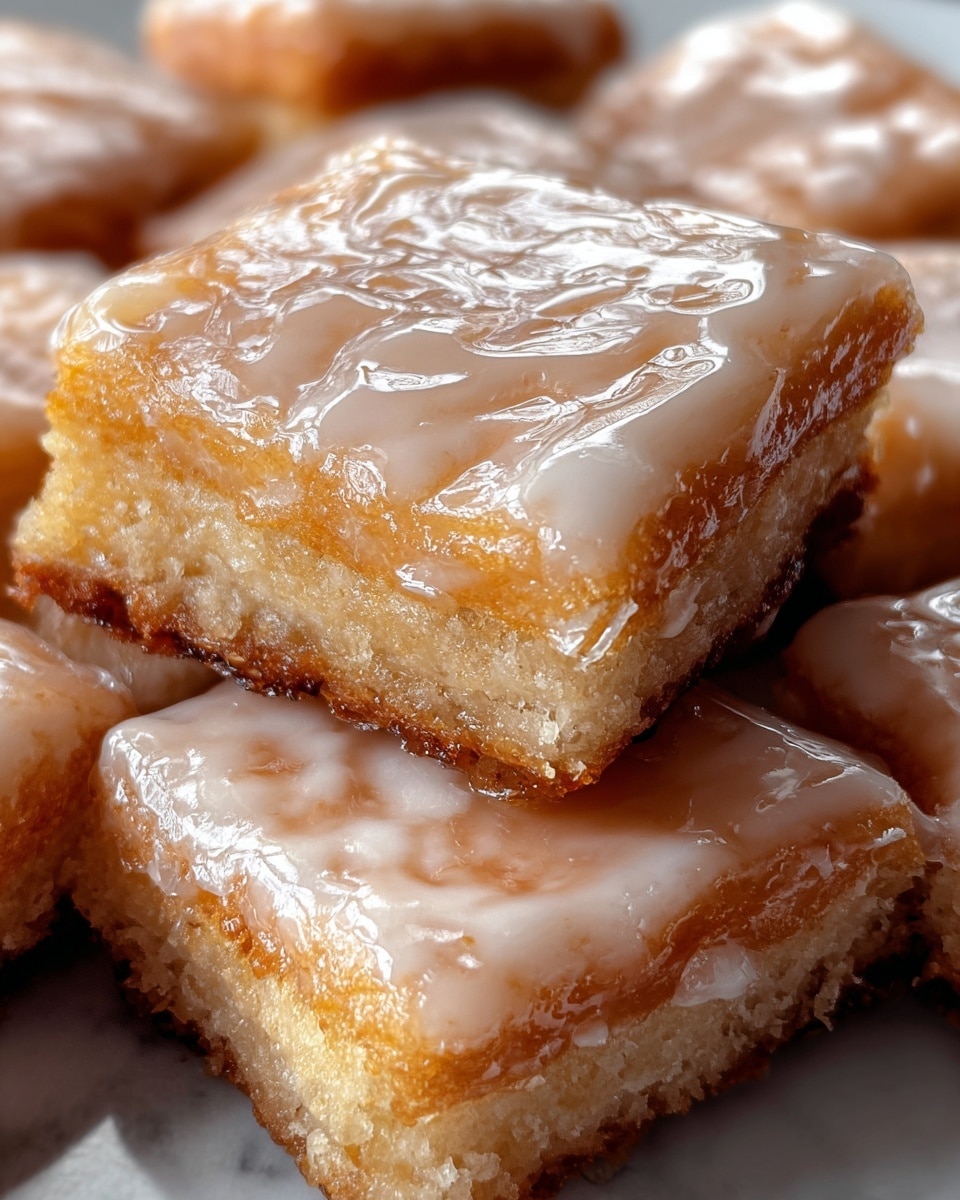 The image shows a close-up of several small square pastries stacked on a white marbled surface. Each pastry has two main layers: a bottom golden-brown crust that looks crunchy and slightly uneven, topped with a thick, transparent, and glossy glaze that covers the surface, giving a shiny and sticky look. The texture of the glaze is smooth, slightly soft, and slightly drippy at the edges, while the crust appears dense and moist inside. The pastries are placed close together, highlighting their thick glaze and uneven edges in natural light. photo taken with an iphone --ar 4:5 --v 7