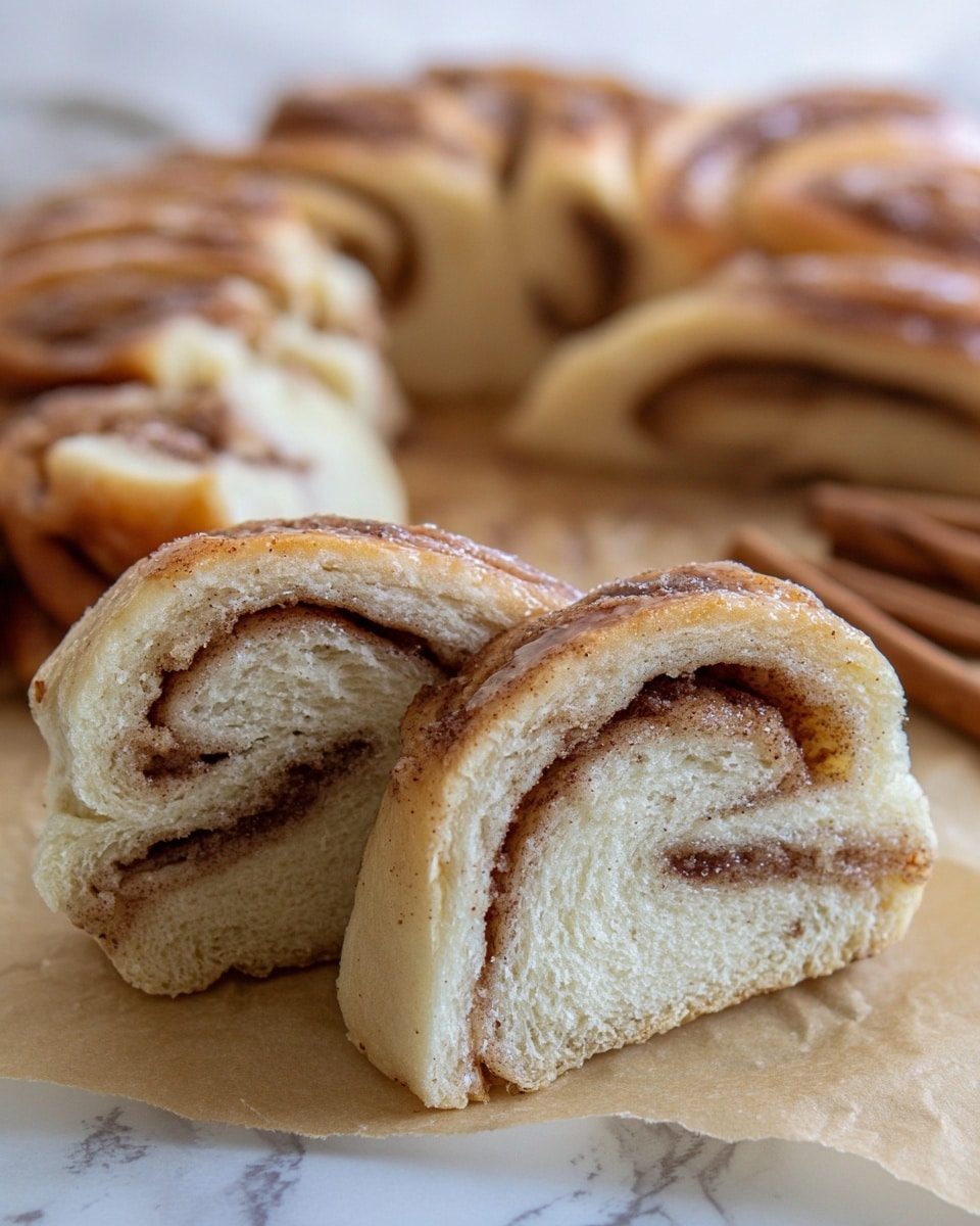 A close-up view of a cinnamon roll cut in half, showing two main layers: a soft, light beige dough and a thin, swirled dark brown cinnamon filling inside. The dough looks fluffy with a slightly crusty outer edge. In the background, there are more sliced cinnamon rolls arranged in a loose pile with visible glistening cinnamon sugar. The rolls are placed on light brown parchment paper on a white marbled surface, with cinnamon sticks softly blurred in the distance. The lighting is natural and soft, highlighting the texture of the bread and cinnamon. Photo taken with an iphone --ar 4:5 --v 7
