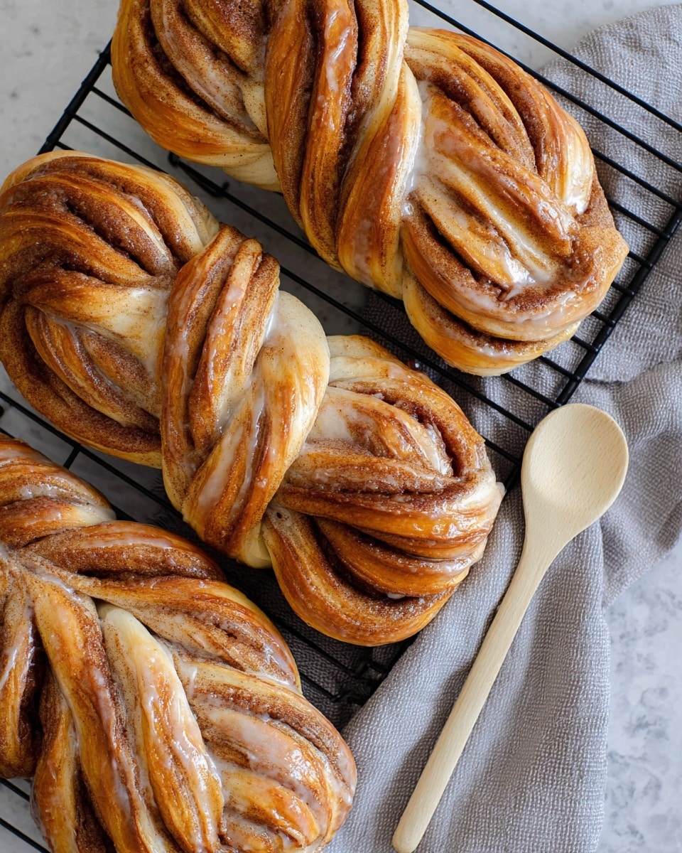 Three cinnamon twist breads are placed closely on a black wire cooling rack over a white marbled surface. Each bread has multiple twisted layers showing a mix of light golden-brown dough and darker cinnamon filling in smooth swirls. The twisted layers create a soft, fluffy texture with a shiny glaze glistening on top. A pale wooden spoon rests on a folded gray cloth beside the rack, adding a simple kitchen feel. photo taken with an iphone --ar 4:5 --v 7